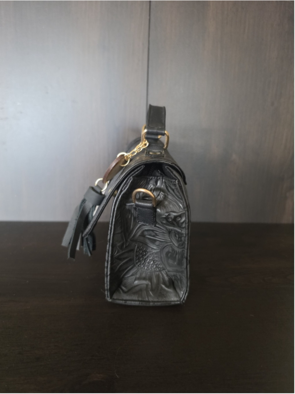 Black Sunflower Embossed Tooled Artisan Leather Crossbody Bag Purse Bolsa Piel - Picture 7 of 16